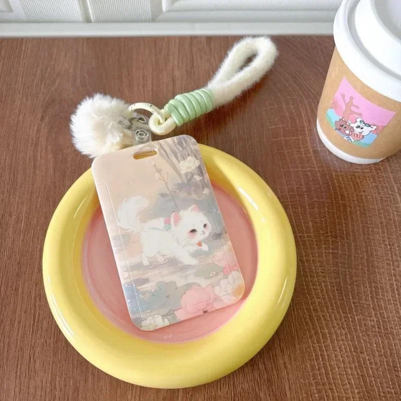 Kawaii Korejský Držák na Kpop Fotokarty s Lanyardem Strom Bílý Kocour Krajina Obal na Fotokarty Kreativní Design Ochrana Karet