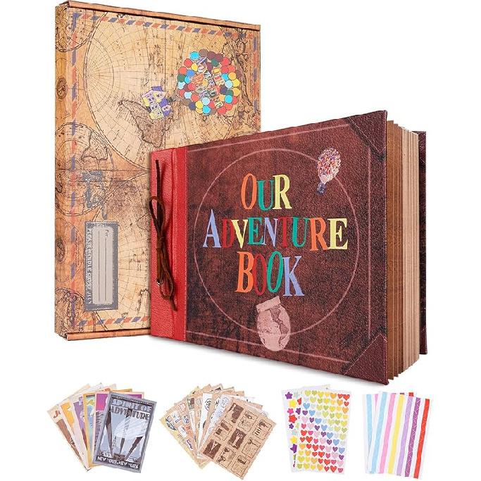 Our Adventure Book Scrapbook Album 11.9 X 7.6 Inch 80pages,3d Retro Embossed Letter Leather Cover Movie Up,Memory Book For Couples,Gifts For