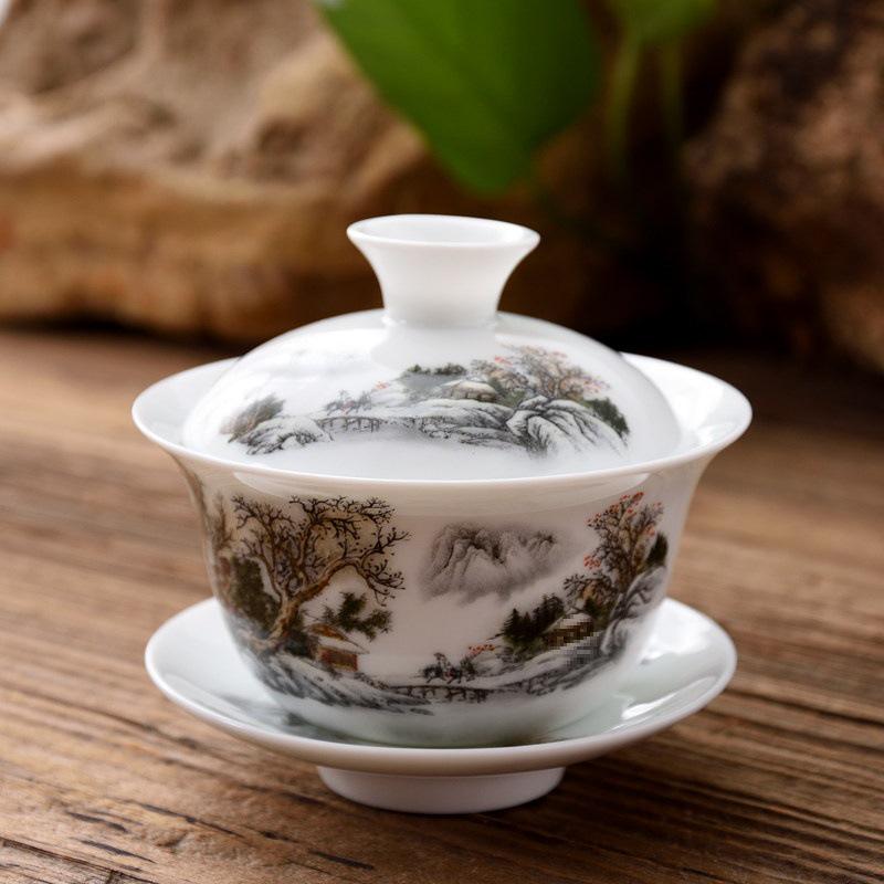 3.4-Inch Blue & White Ceramic Gaiwan Tea Set - 3-Piece, 100ml Capacity