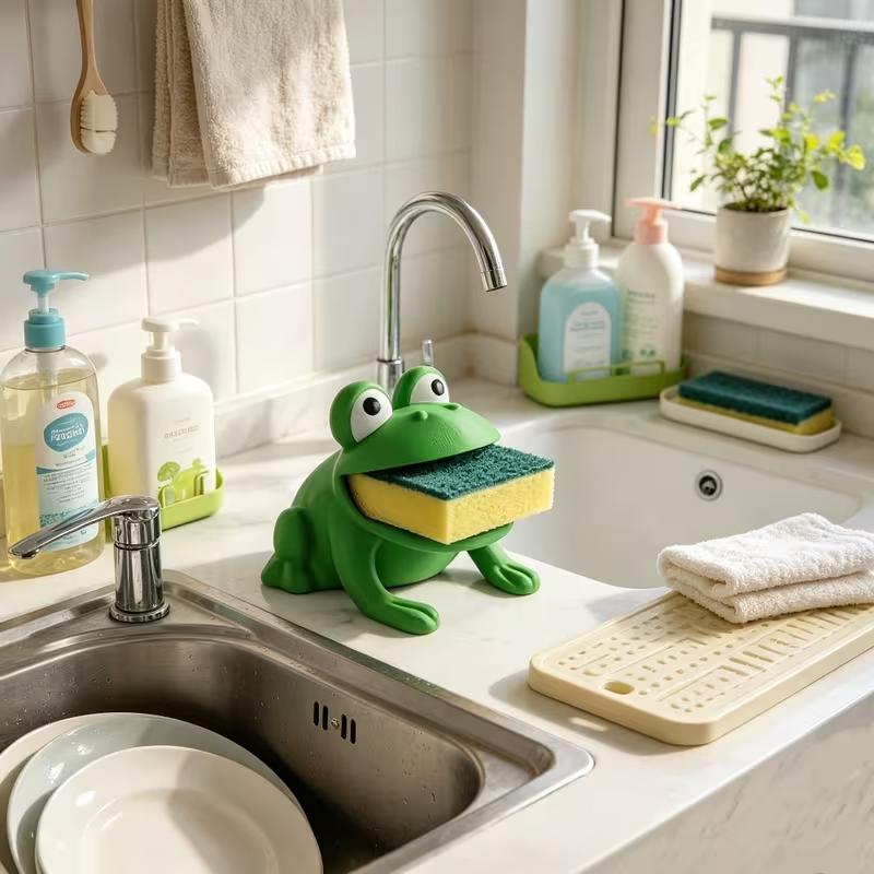 Cute Frog Shaped Sponge Holder with Drainage Kitchen Sink Sponge and Dish Brush Storage Rack Countertop Organizer