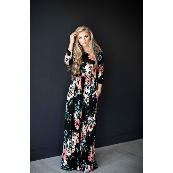 IHUASU Sommerliches Blumenkleid mit Rundhalsausschnitt und langen Ärmeln