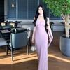Pink Satin Streamer Waist Collar Dress Birthday Party Engagement Evening Dress Fishtail Long Skirt