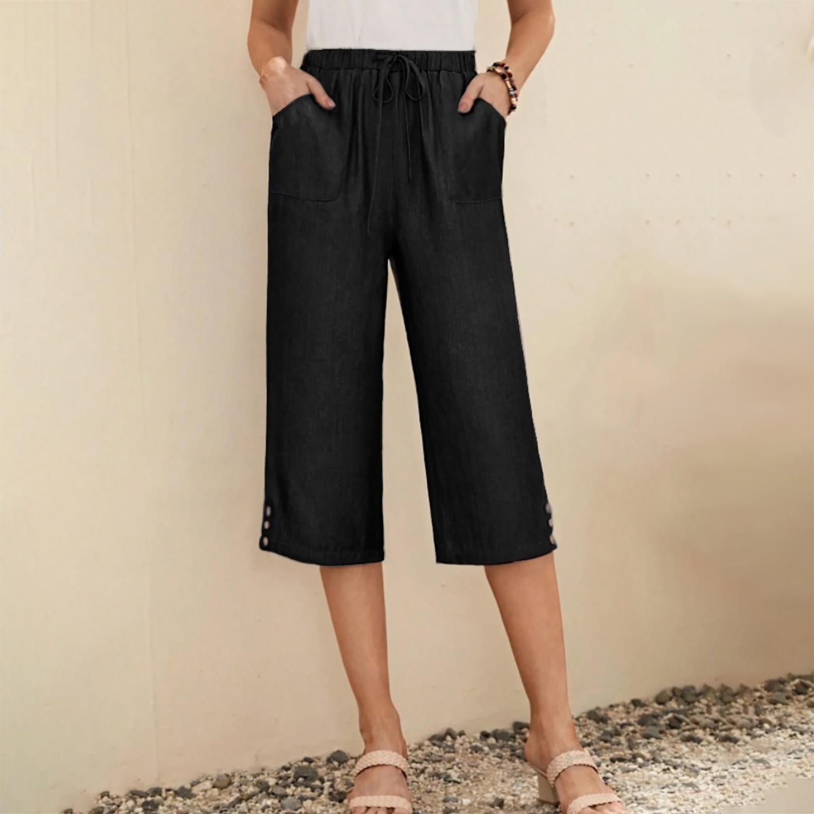 

Женские эластичные широкие повседневные однотонные брюки с высокой талией, шорты с карманами XXL чёрный