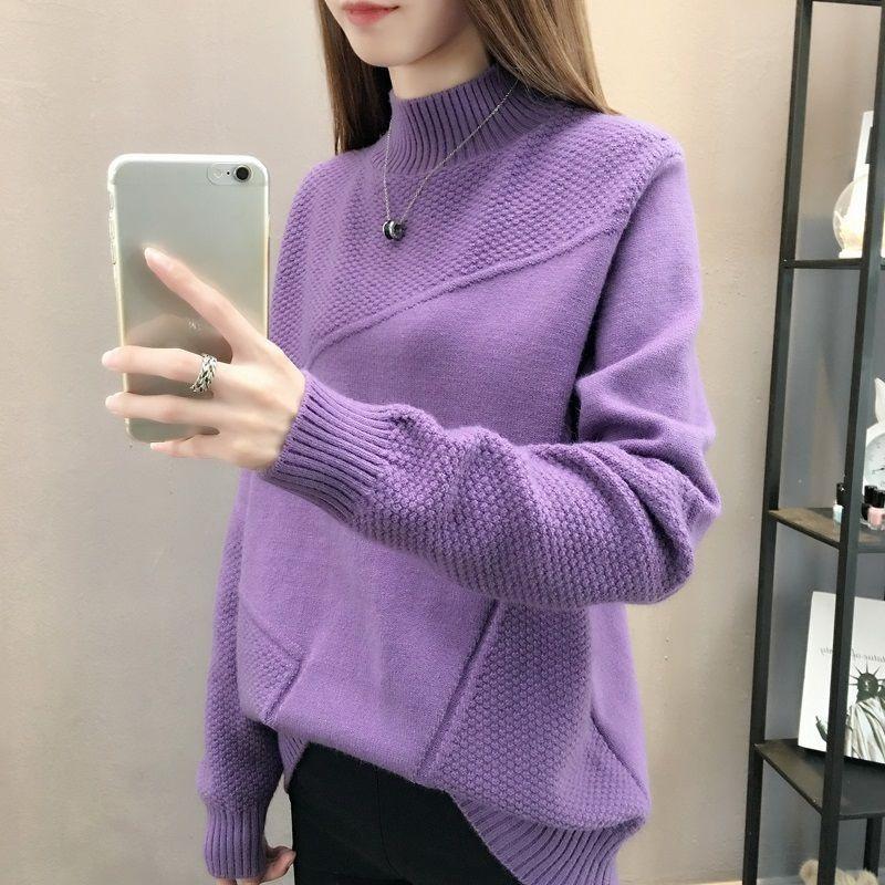 

Solid-color Knitted Sweater Loose Half Turtleneck Sweater for Women Casual and Trendy Pullover for Autumn and Winter S фиолетовый