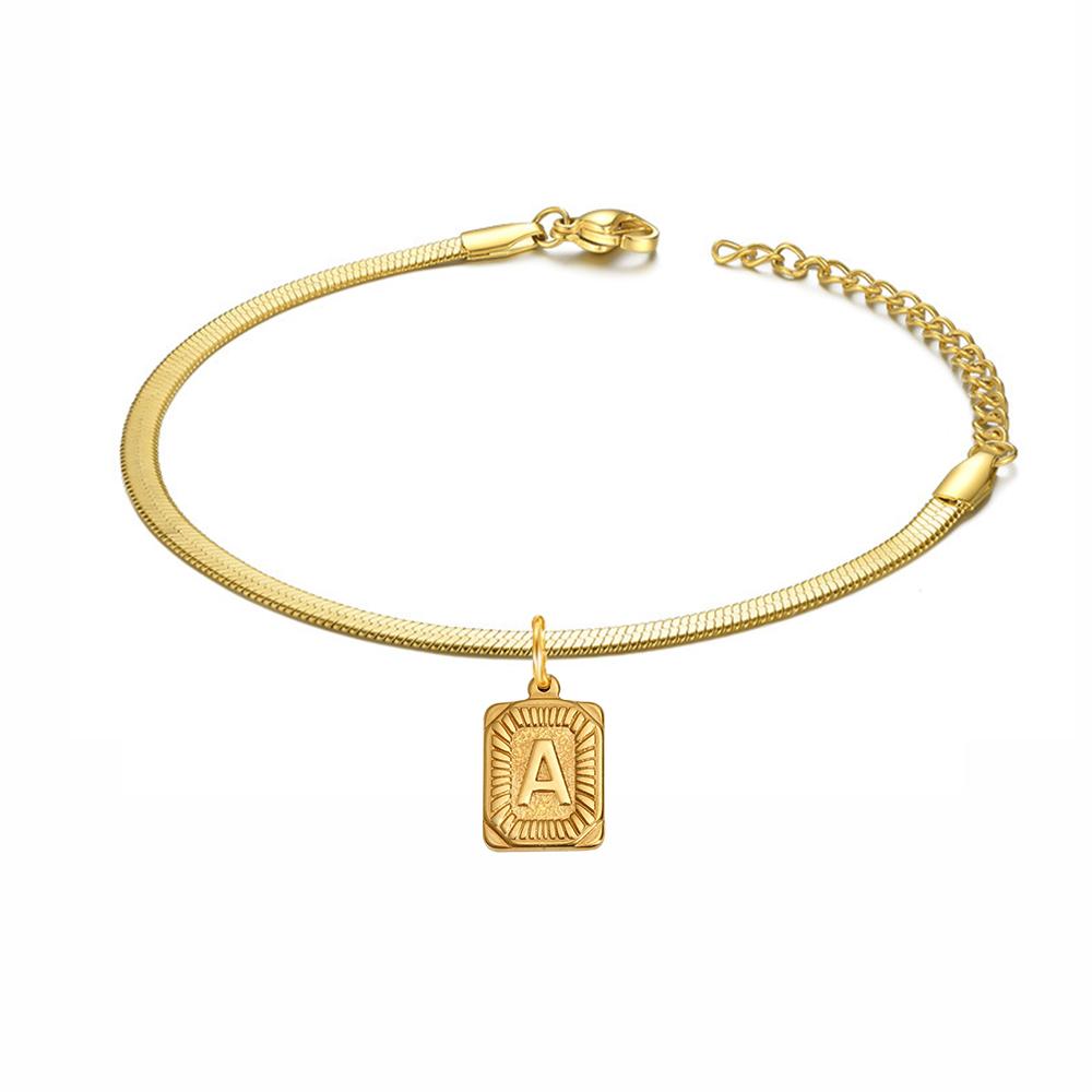 Punk Initial Letter Square Charm Bracelet Female Gold Color Stainless Steel 3mm Flat Snake Chain Link Bracelet for Women Jewelry