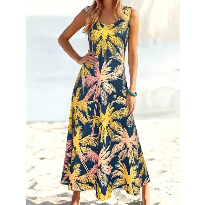 Women' Tropical Palm Tree Print Bohemian Maxi Dress - Sleeveless A-Line Beach Dress with Round Neck & Flared Hem Poolside Outfit