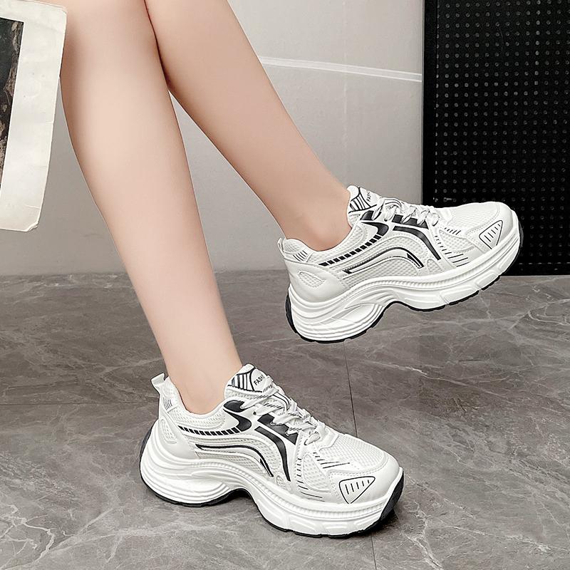 Fashion 2025 New Women Sports Shoes Thick Sole Chunky Sneakers Knitted Mesh and Leather Casual Shoes Street Platform Walking Shoes