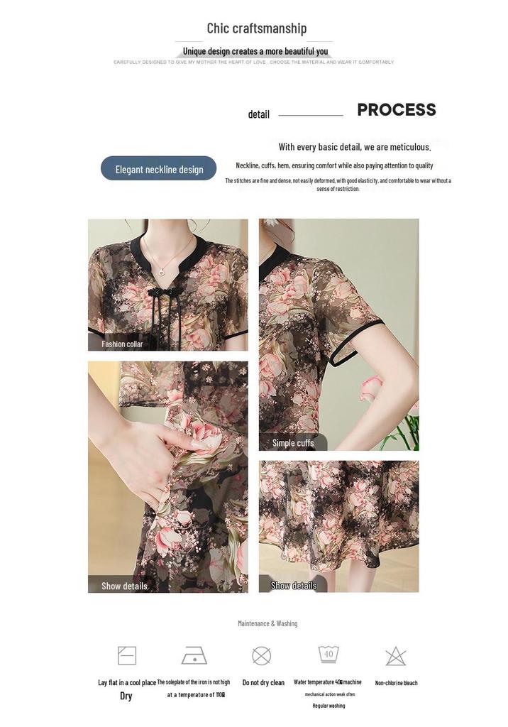 2026 Spring/Summer Fashionable V-Neck Short Sleeve Slimming Dress for Middle-Aged and Elderly Women