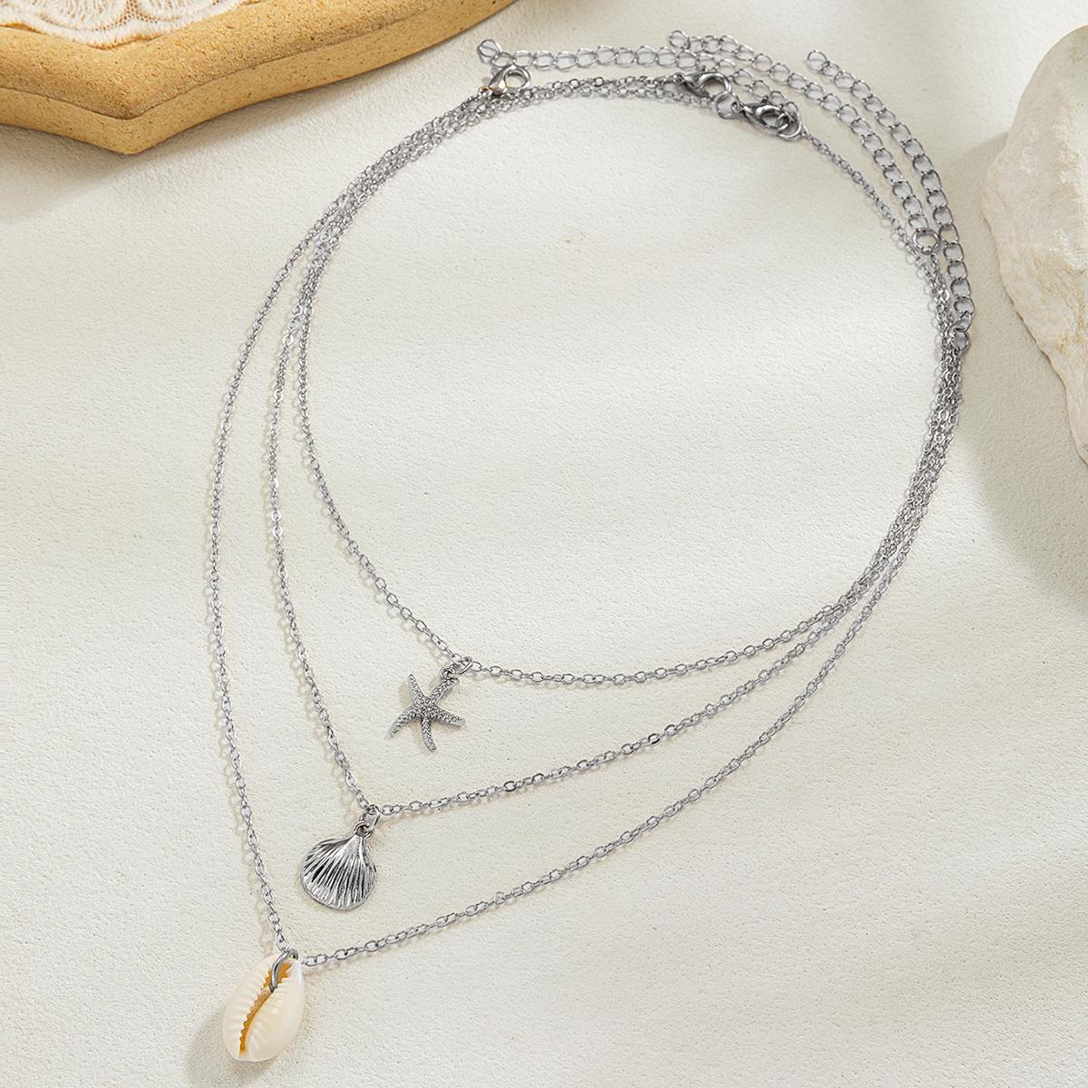 

3 vacation style seashell starfish necklaces, multi-layered layered alloy scallop pendant, long women s necklace