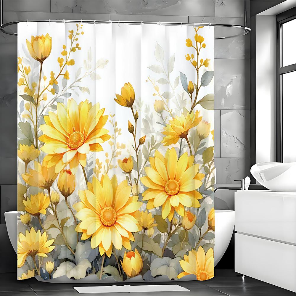 Yellow Floral Shower Curtain, Bathroom Decorative Shower Curtain, Waterproof Shower Curtain with Hooks