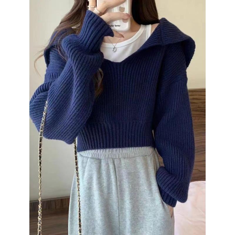 

V-образный темно-синий свитер, новая модная свободная ленивая короткая одежда на осень и зиму, пуловер с длинным рукавом, вязаный свитер One Size синий