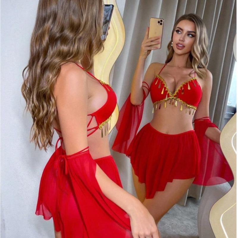 Exotic Hanfu Lingerie Set Sexy Dunhuang Flying Fairy Dancer Sheer Top & Skirt Gold Foil Embroidery Bandage Cosplay Costume Women