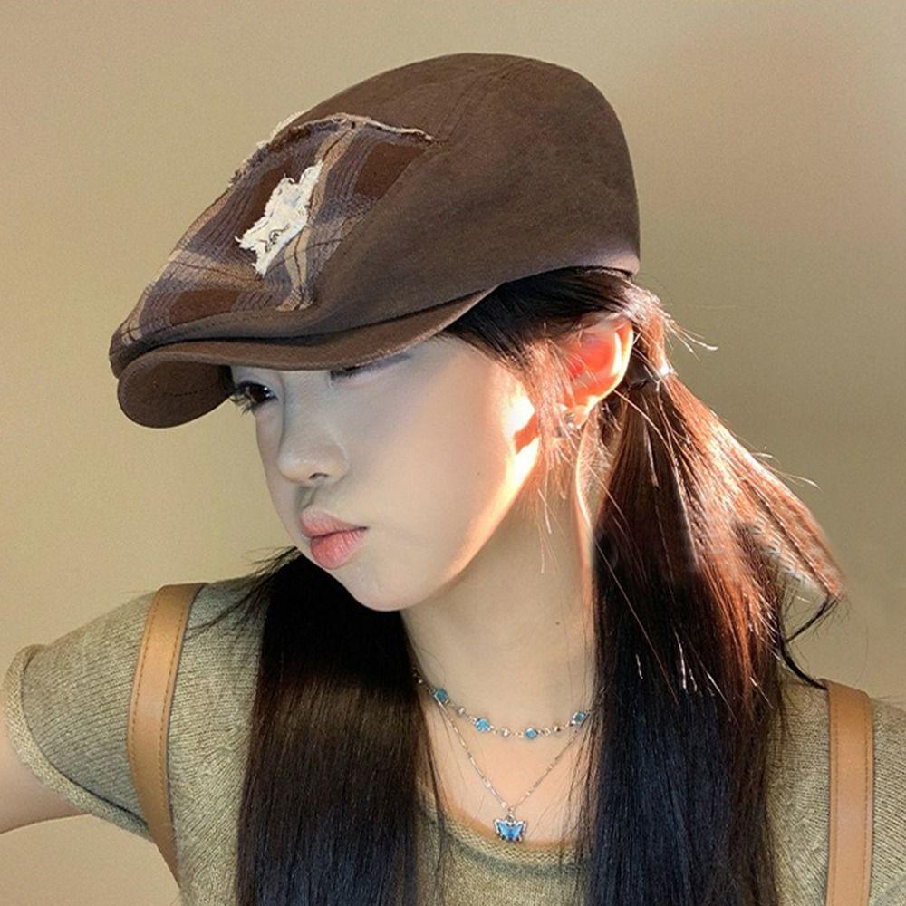 Y2k Star Plaid Beret American Painter Cap Casual Newsboy Cap  Spicy Girls
