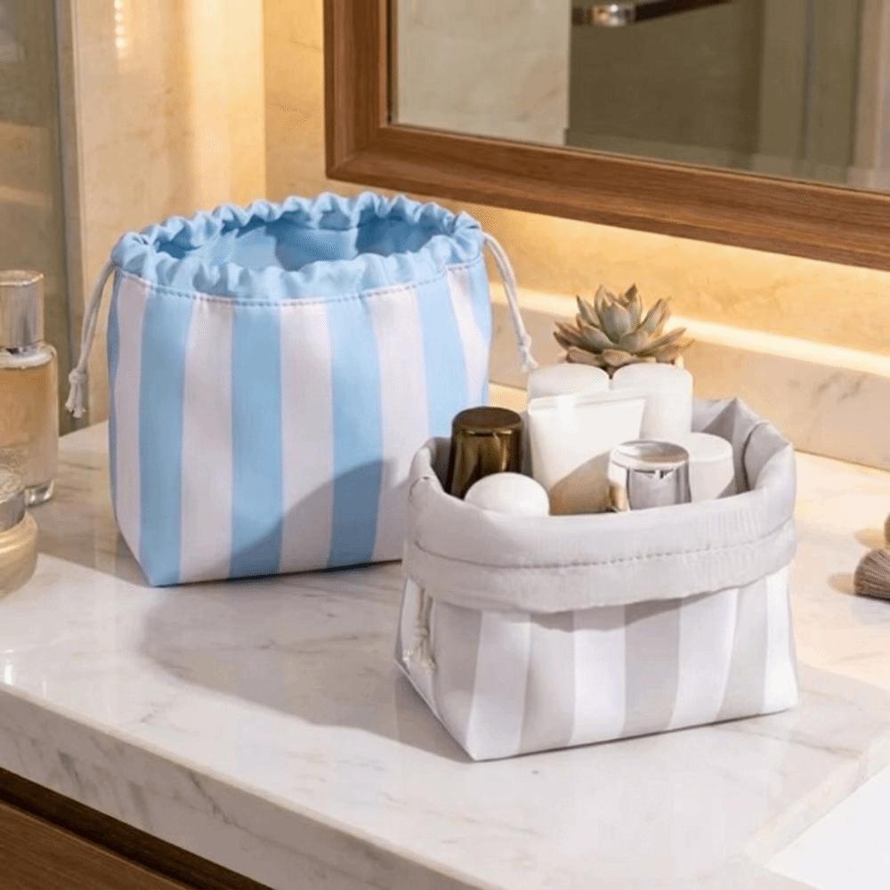 Large Capacity Drawstring Cosmetic Bag Portable Striped Cosmetic Organizer  Women