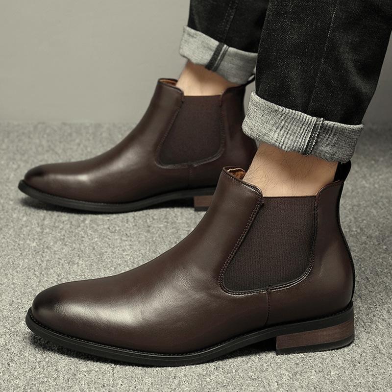 Trendy Fashion British Chelsea Boots Men's Pointed Business Casual High-top Leather Shoes Retro Short Boots Heightening Martin Boots