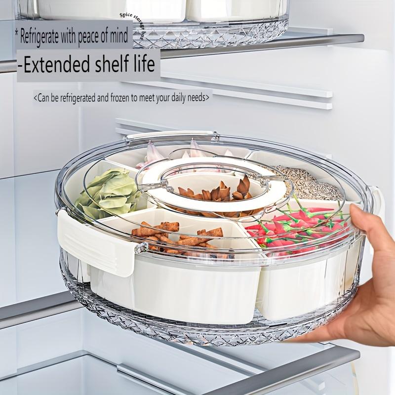 Divided Rotating Serving Tray with Lid and Handle, Portable Snackle Box for Fruits Snacks Veggie Charcuterie, Clear Snack Spinne