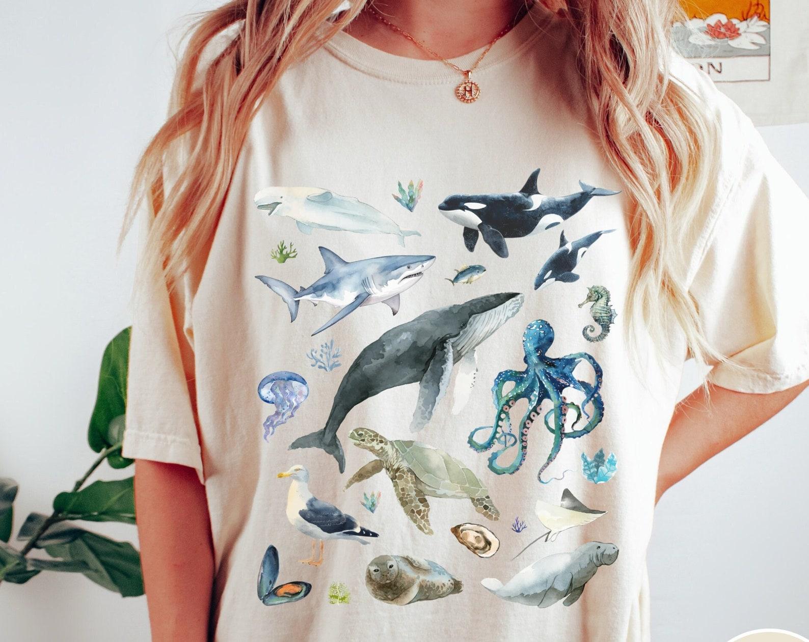 Watercolor Sea Animals Shirt, Vintage Ocean Animals T-Shirt, Retro Whale Shark Orca Turtle Octopus, Graphic Unisex Comfort Colors T-Shirt S