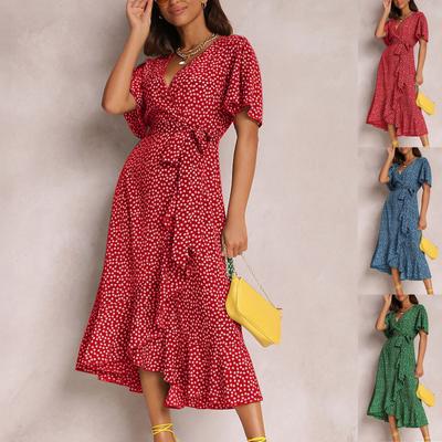Fashion Women's Printed V-Neck Irregular High Waist Tie Sexy Casual Short Sleeve Dress