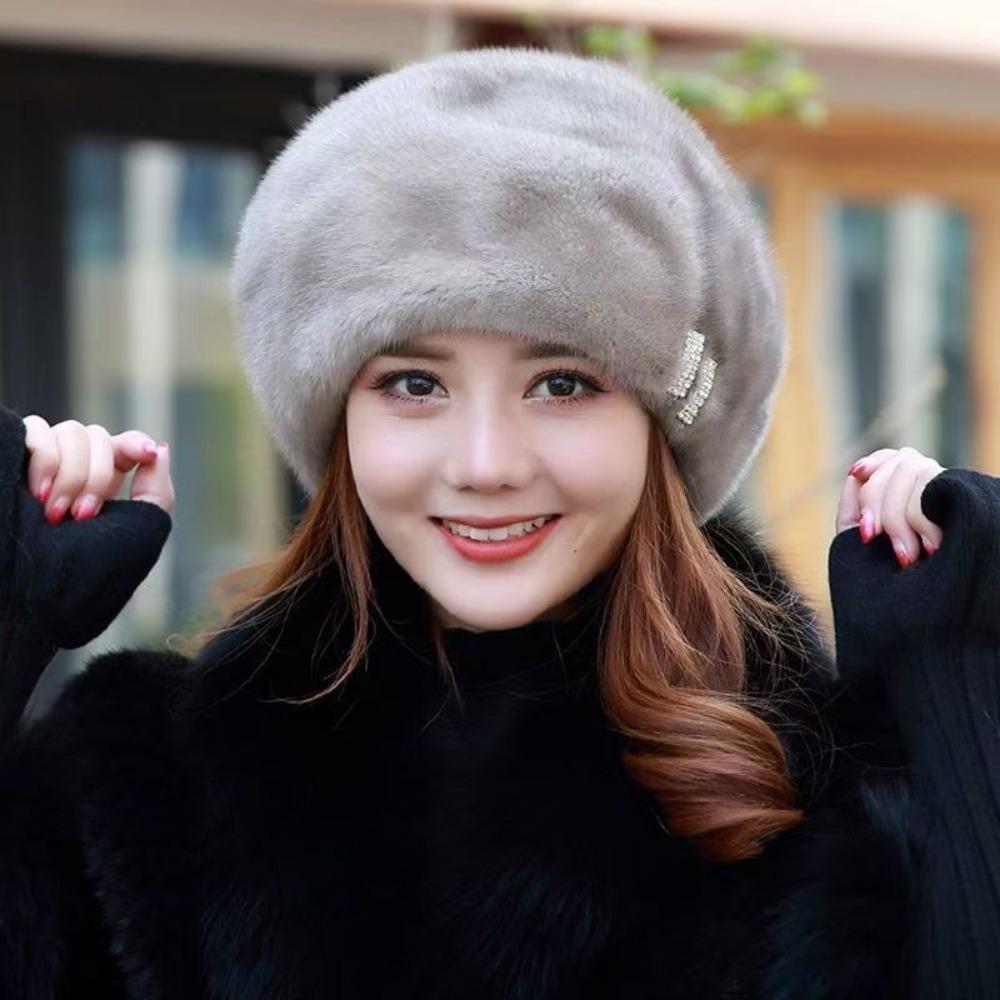 Mink Hat Women's Winter Warm Ear Protection Bag Head Middle-aged and Elderly Mother Model Beret Octagonal Snow Hat Imitation Fur