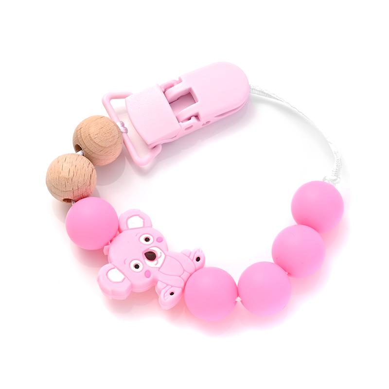 Wood Teether For Baby Pacifier Chain Nursing Chew Toys Gift Baby Pacifier Clips Holder Silicone Cartoon Animal Teething Chain розовый