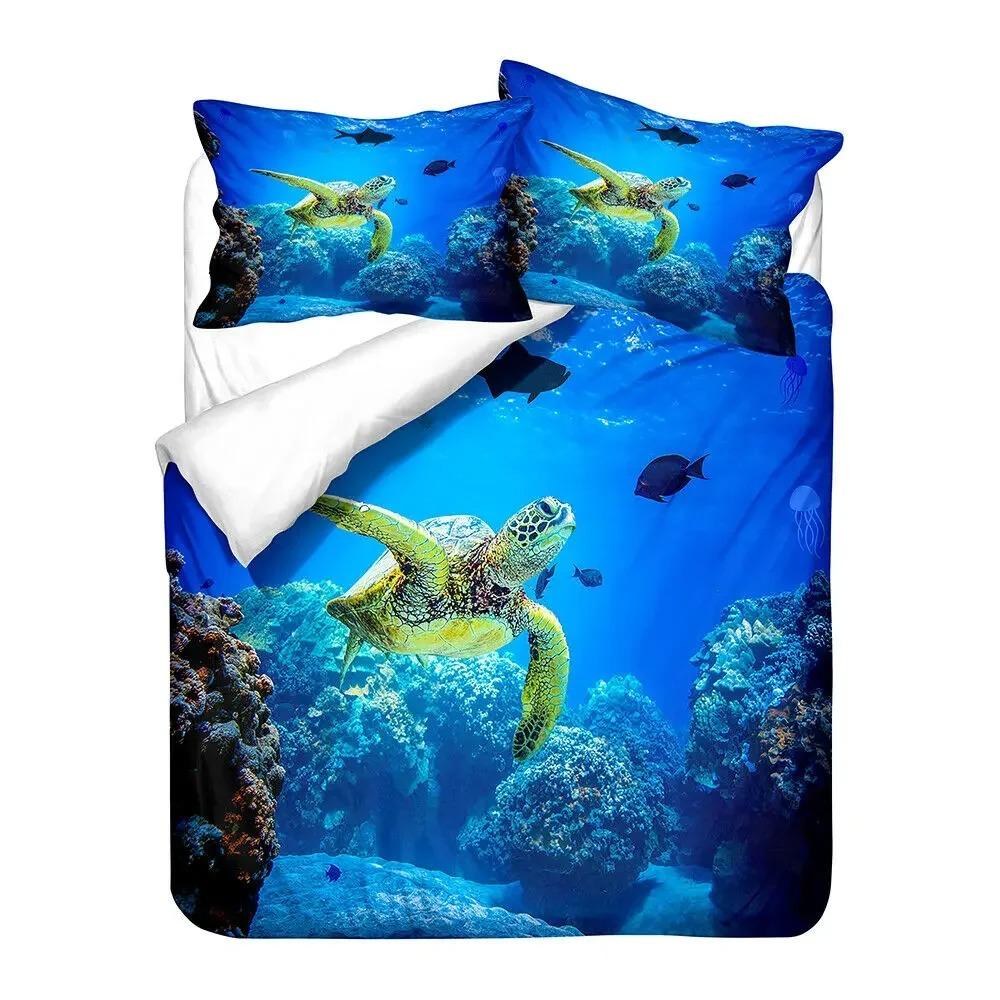 Sea Turtle Duvet Cover King Size Shark Bedding Set,Ocean Animals Bed Set,Tortoise and Coral Printed Polyester Comforter Cover