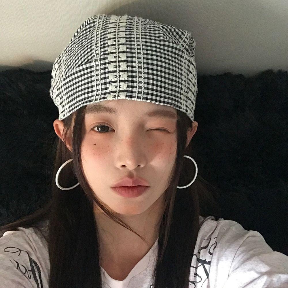 Plaid Headscarf Hat American Beanie Hats Fashion Strappy Bandana Cap  Unisex