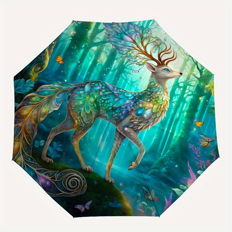 1pc Mystical Deer with Wings and Antlers In a Luminous Woodland Setting Automatic Opening and Closing Umbrella - Small Umbrella Suitable for Vari