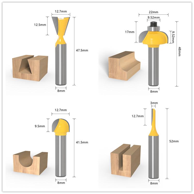 15 bucăți freză dreptă de tăiat pentru bucăți din lemn de tăiere din carbură de tungsten pentru prelucrarea lemnului Set de freză de 1/4 inch 8 mm