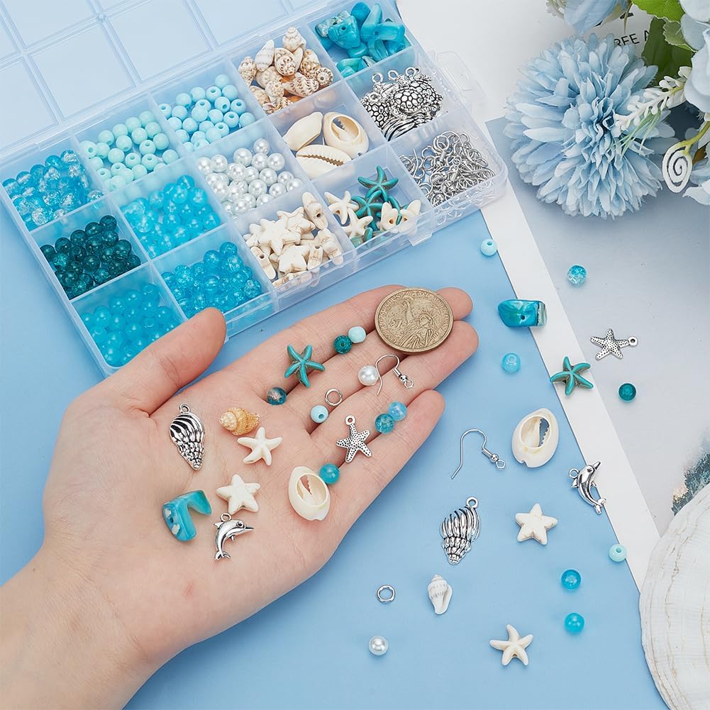 PH PandaHall 383 шт. Бусины-шармы «Голубой океан» для браслета, 6 мм стеклянные бусины акриловые бусины бирюзовые бусины-звездочки ракушки морские шармы с