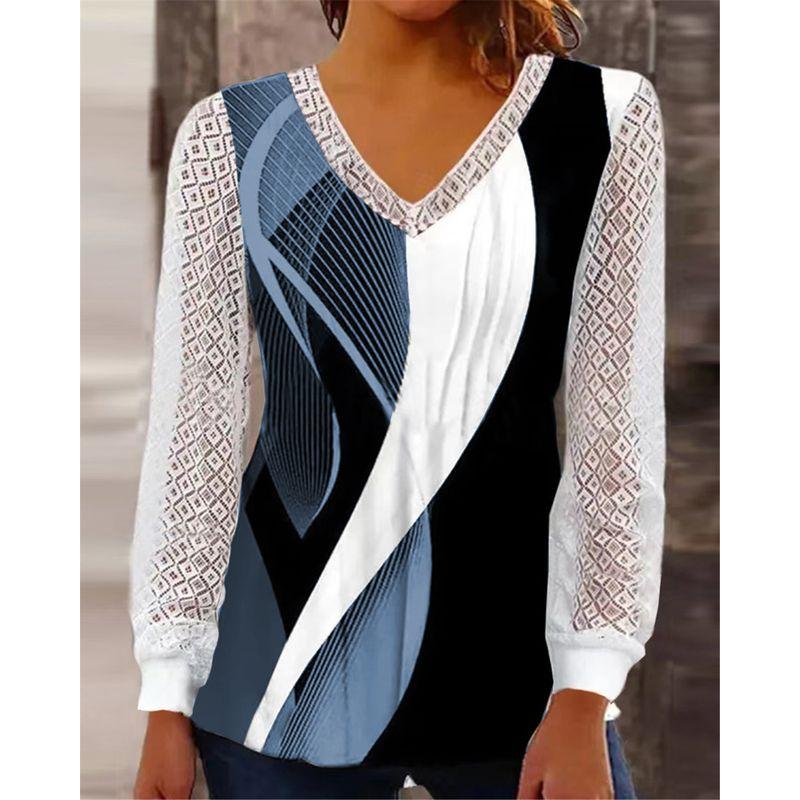 

и Американский Экспортный Женский Осенний Наряд Ажурная Рубашка с Длинным Рукавом Свободная Модная Повседневная Футболка Топ Темпераментная Футболка Большого Размера Футболка Blue 3XL (Bust Size 118)