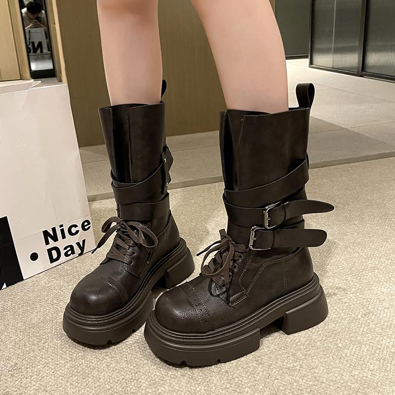 Mode Winter Damen Bikerstiefel Mode Gürtelschnalle Damen Elegant Plateau Flats Kurze Stiefeletten Lässige Damen Ritterstiefeletten