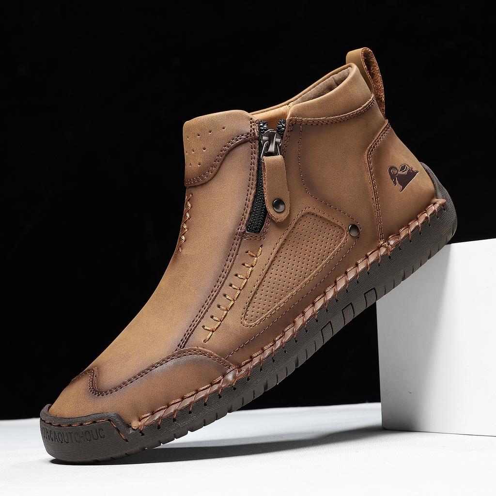 Large Size Men's Shoes Outdoor Casual Shoes Flat Bottom Hand Stitched Shoes Zipper Martin Boots Short Boots