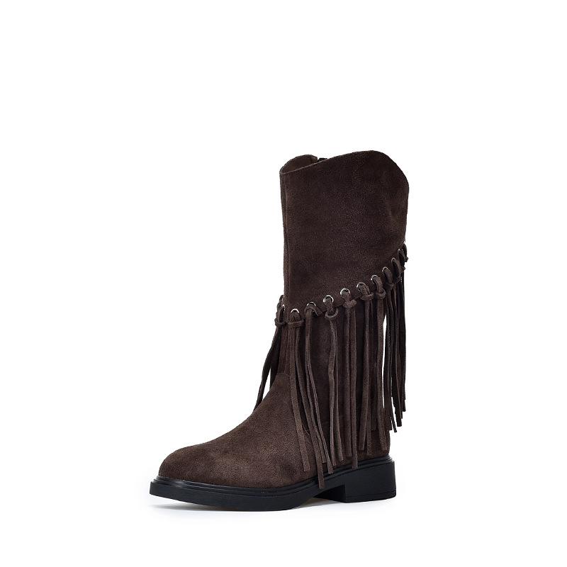 Johnature Retro Echtleder Mid-Calf Stiefel Modische Vielseitige Mittel Absatz Damen Quastenstiefel