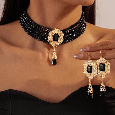 FYUAN Multilayer Green Red Blue Black Crystal Necklace Geometric Hollow Alloy Earrings For Women Weddings Banquet Jewelry Sets