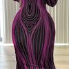 Women Spring Fall Party Dress Slim Fit Striped Print Maxi Dress Skinny Sheath Long Sleeve Elastic Round Neck Soft Thin Ankle Length Lady Dress