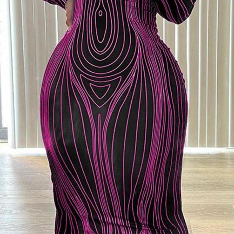 Women Spring Fall Party Dress Slim Fit Striped Print Maxi Dress Skinny Sheath Long Sleeve Elastic Round Neck Soft Thin Ankle Length Lady Dress