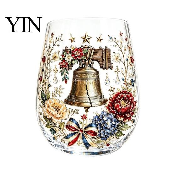 Liberty Bell Themed Glass Cup, Egg Shape Clear Lead-Free Crystal Enamel Painted Golden Rim Large Capacity Wine Vintage Drinking Tumbler, Glassware for