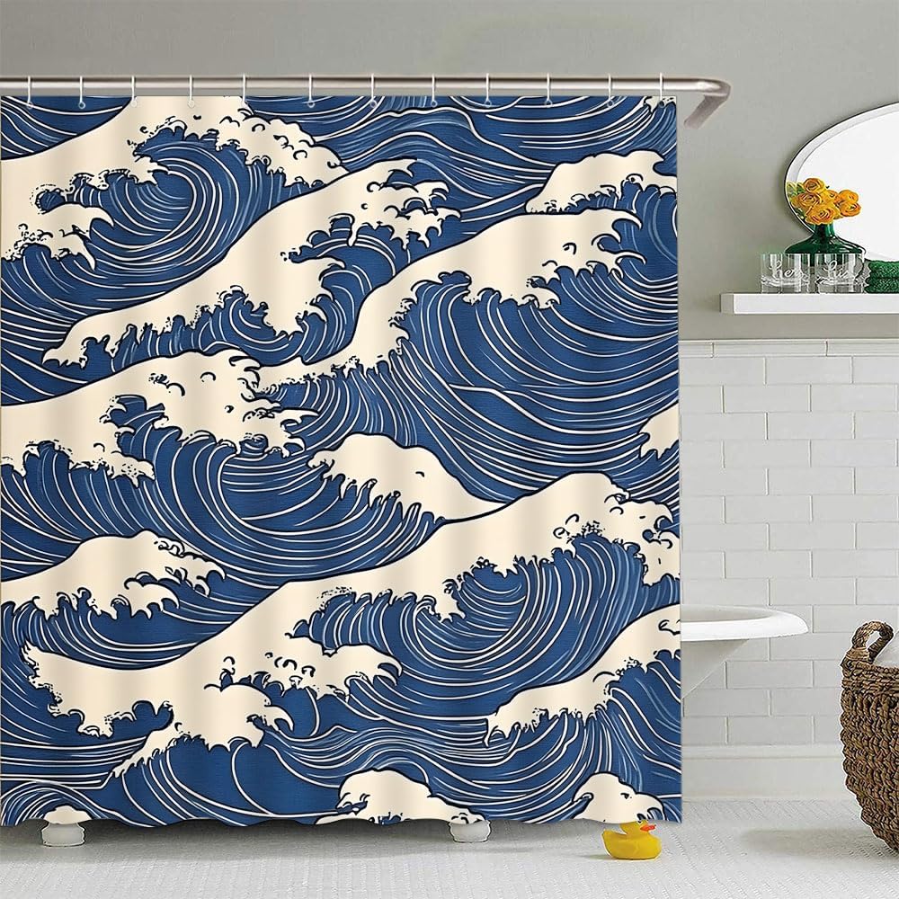 Japanese Wave Shower Curtain Abstract Kanagawa Oriental Ocean Sea Waves Creative Geometric Comic Antique Bathroom Curtain