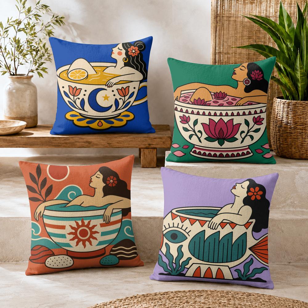 Coffee Bath In BLUE Cushion Cover Durable Hypoallergenic Organic Linen Pillow Cover Short Size Washable Skin-Friendly