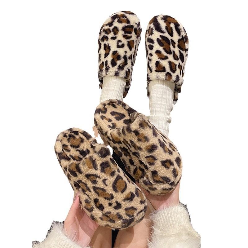 Leopard print thick bottom heightening fluffy slippers women wear new autumn and winter fashion home fluffy cotton slippers