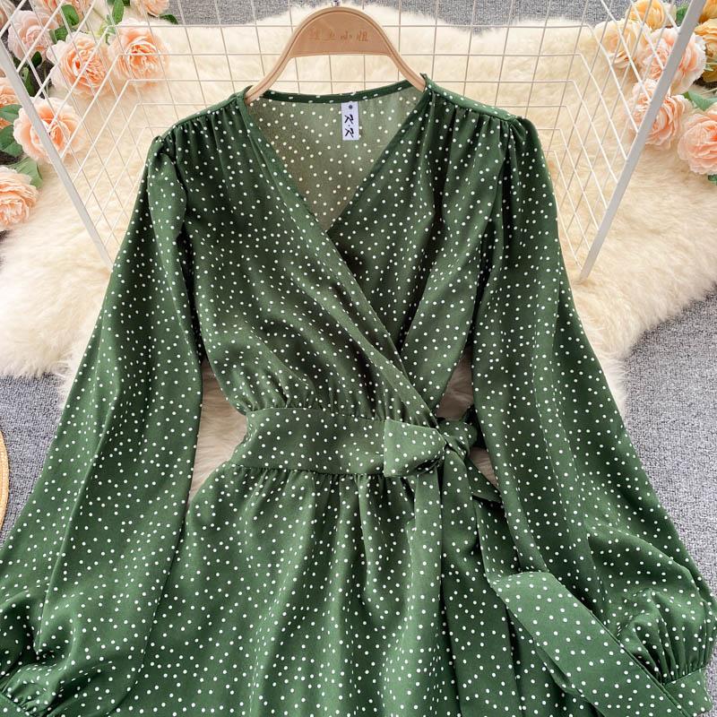 RUGOD Robe printemps tempérament col en v rétro une pièce robe