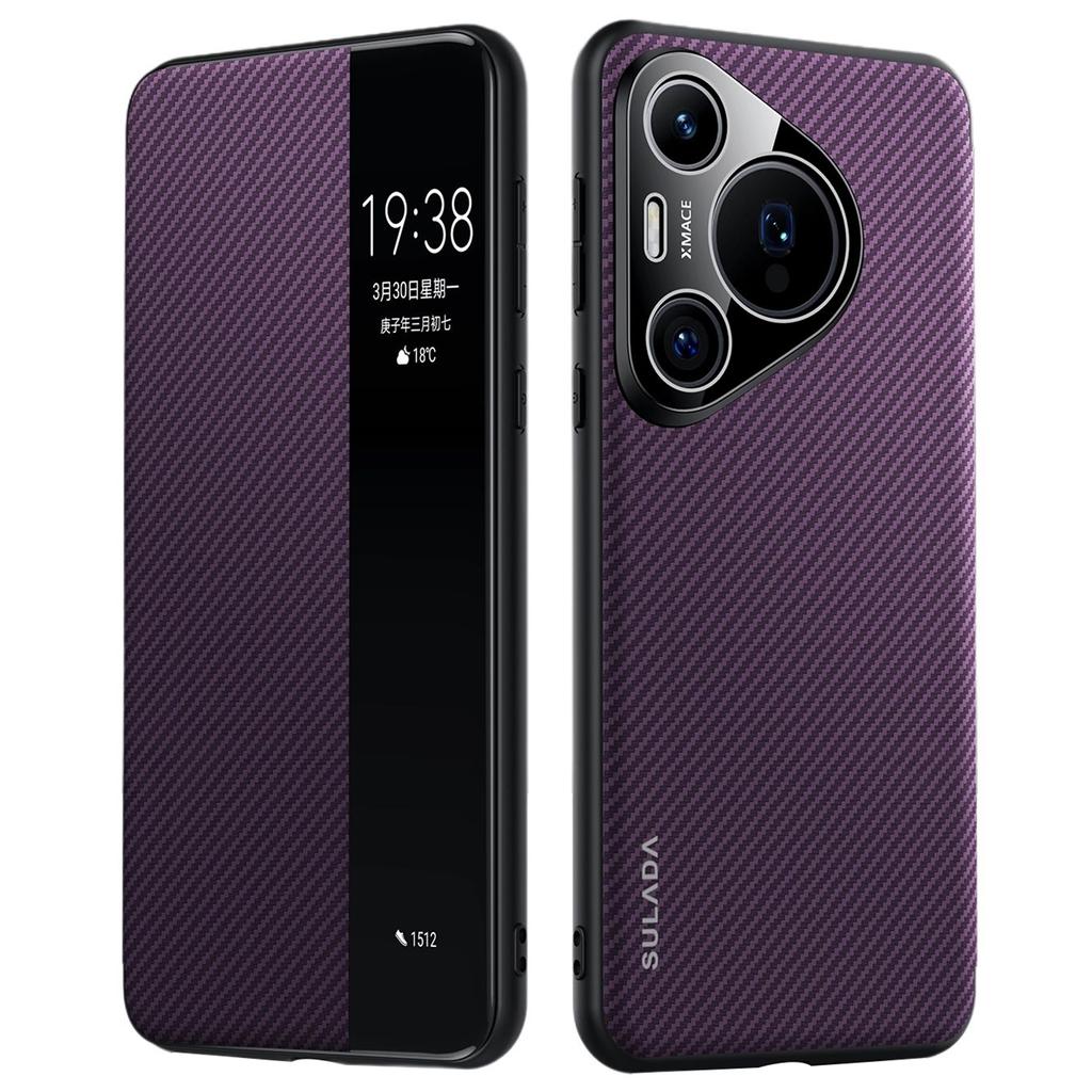 SULADA For Huawei Pura 70 Pro/Pura 70 Pro+ Case View Window Carbon Fiber Texture Leather Cover