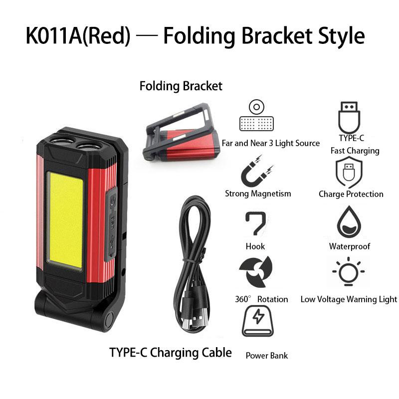 Portable COB Magnetic Work Light Rechargeable LED Flashlight Super Bright Camping Waterproof Car Repair Lamp with Brackets