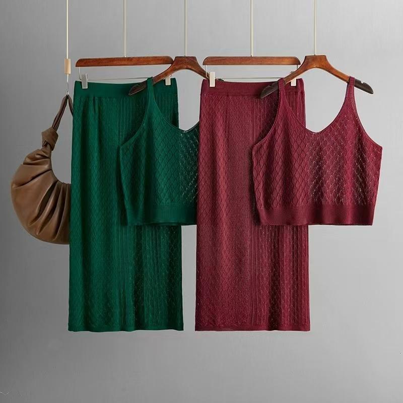Western Style Knitted Hollow out Cami Skirt Two-piece Set Knitted Vest and Skirt Set