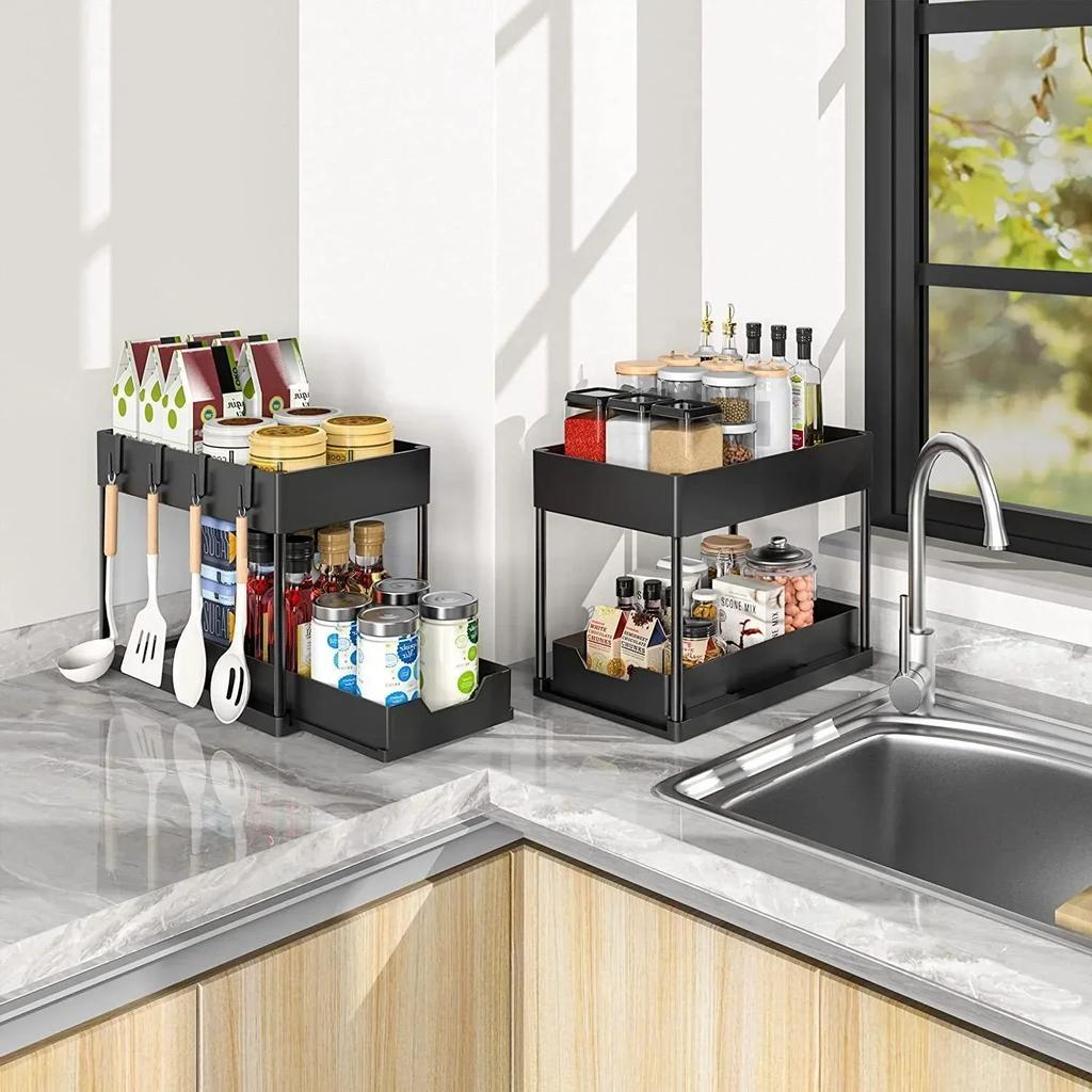 Under Sink Organizer Sliding Cabinet Basket Organizer Storage Rack with Hooks Hanging Cup Bathroom Kitchen Organizer