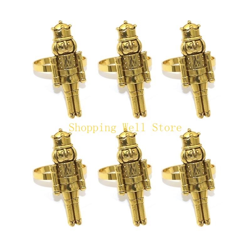 6pcs Christmas Napkin Rings Metal Nutcrackers Napkin Buckle Holder Table Decor for Christmas Dinning Wedding Tableware