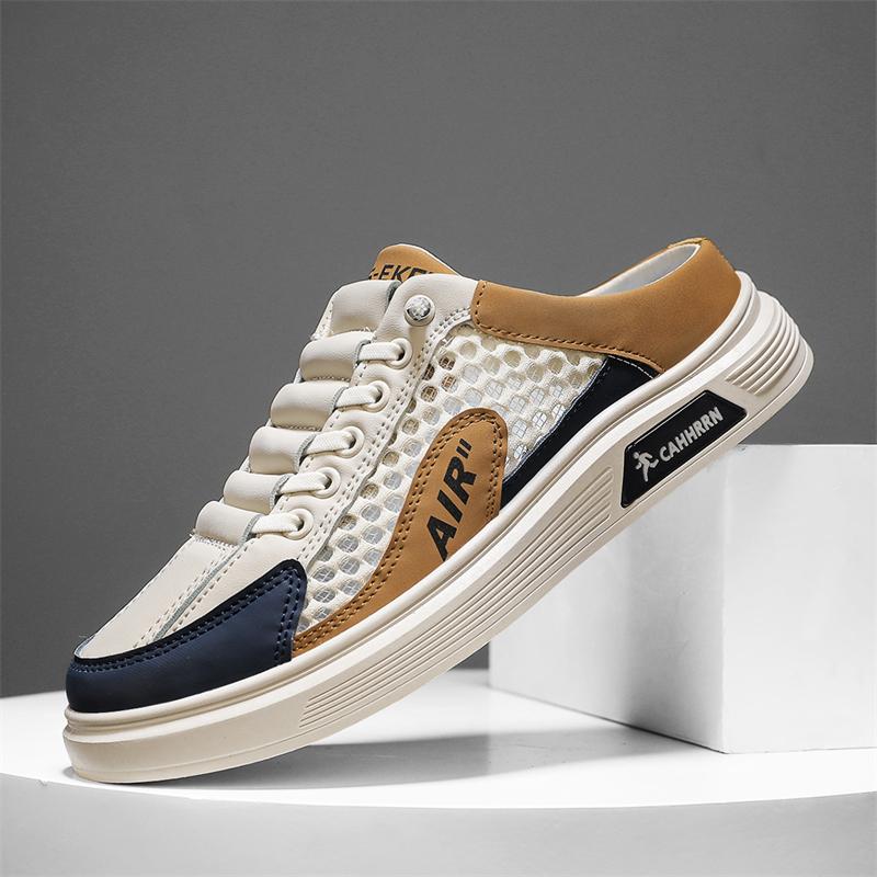 Summer New Men's Casual Sports Shoes Lace-Up Mesh Breathable Flat Sole One-Step Walking Shoes Large Size Board Shoes