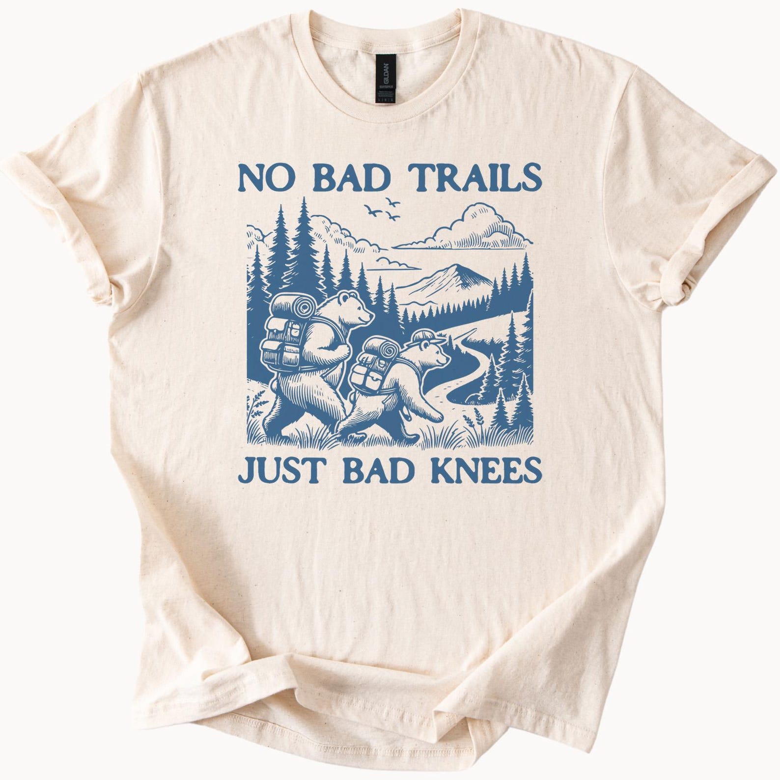 Hiking Bears Graphic Tee No Bad Trails Just Bad Knees Funny Mountain Forest Nature Shirt Outdoorsy Gift for Hikers Campers 130