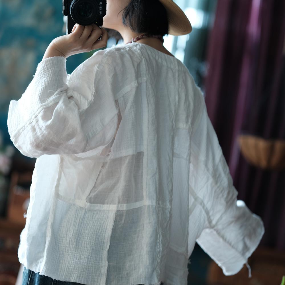 Johnature Dámská vintage patchworková trička s dlouhým rukávem a výstřihem do V, volná jarní trička