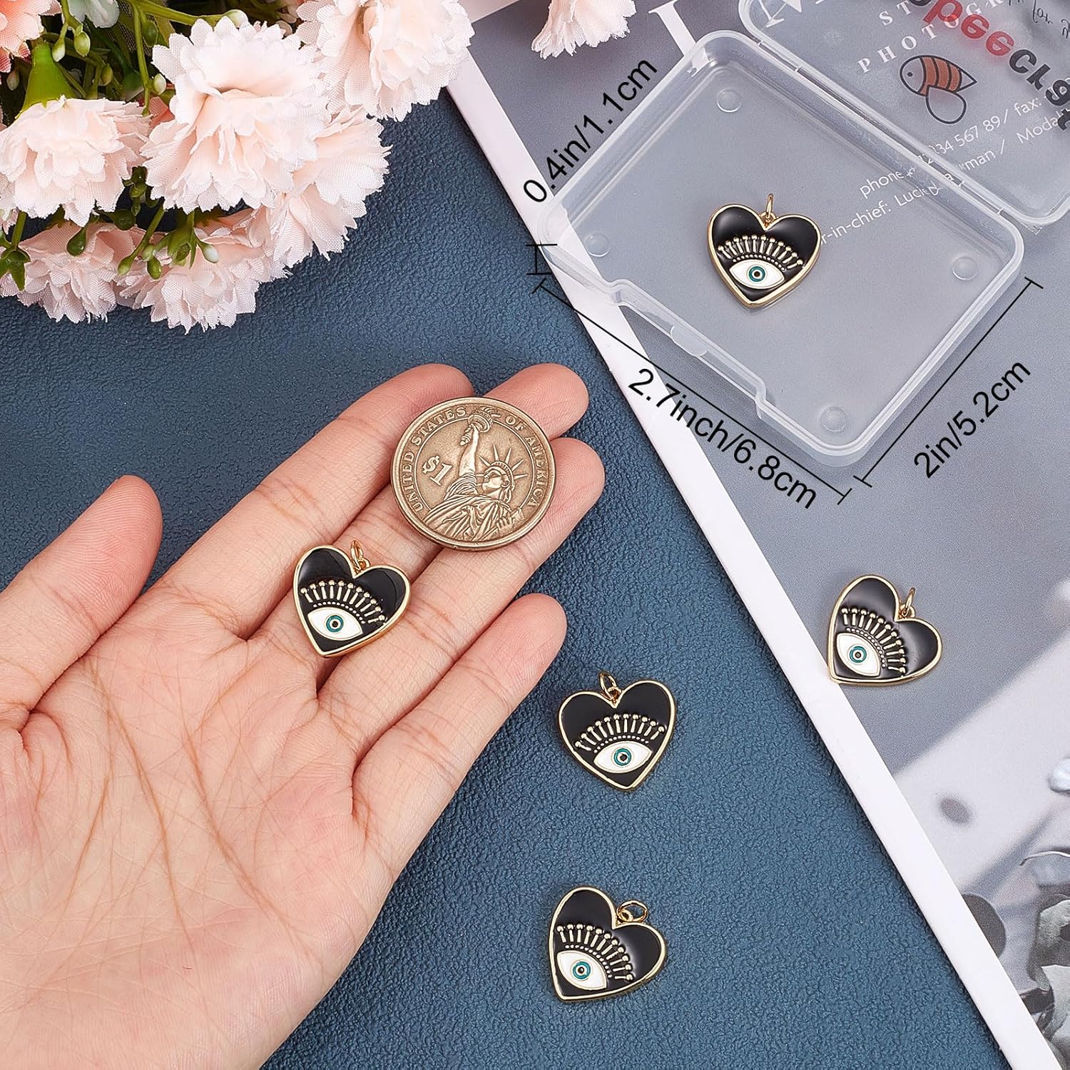 Beebeecraft 1 Box 6Pcs Heart with Eye Charms 18K Gold Plated Enamel Evil Eye Pendant Charms with Jump Rings for Jewellery Making Charm Earrings